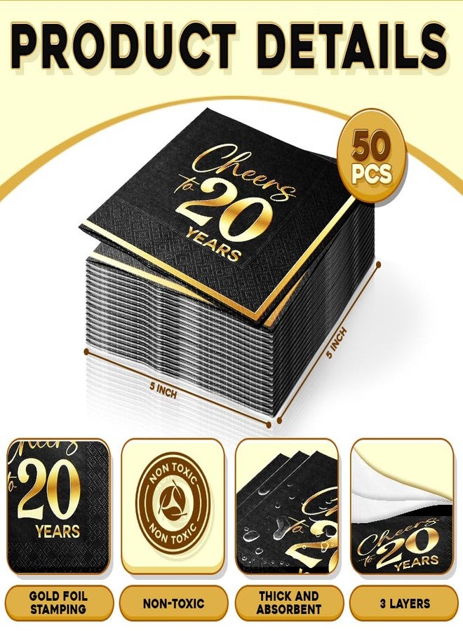 JOYGATHER Cheers to 20 Years - 50PCS Black & Gold Foil Cocktail Napkins, 3-Ply Disposable Paper 5x5 Inches 20th Birthday Decorations, Wedding, Anniversary, Party Men & Women - Image 2